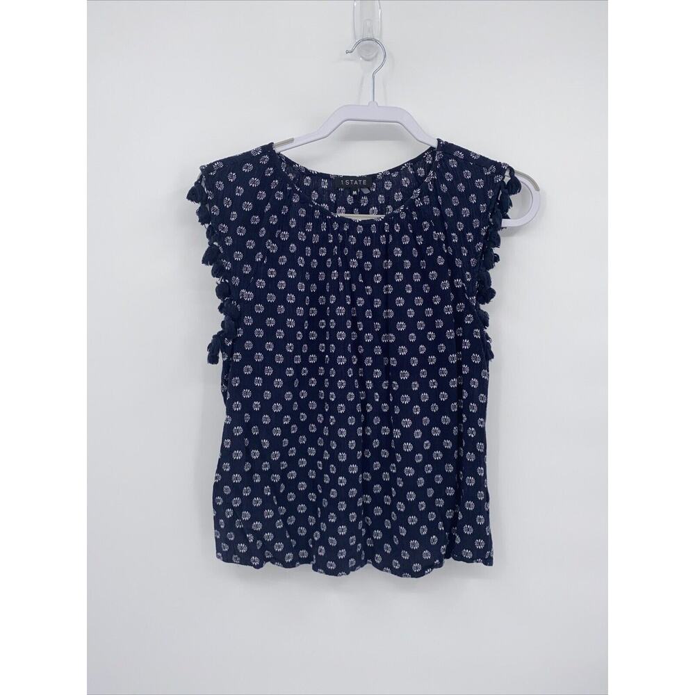 1 State Womens Floral Print Round Neck Sleeveless Tasseled Tank Top Blue Medium